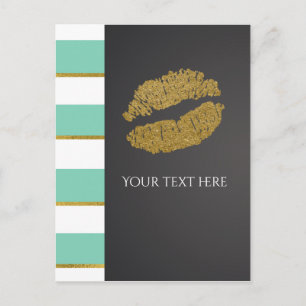 Carte Postale Mint Green & White Faux Gold Shimmer Lips