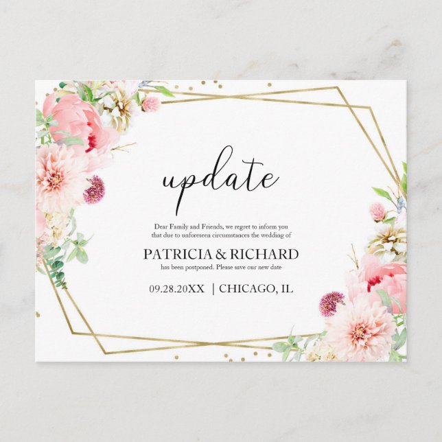 Carte Postale Mise à jour Mariage Fleurs Roses Changer La Date (Devant)