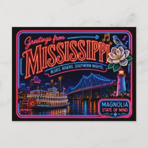 Carte Postale Mississippi Néon État Rétro Vintage