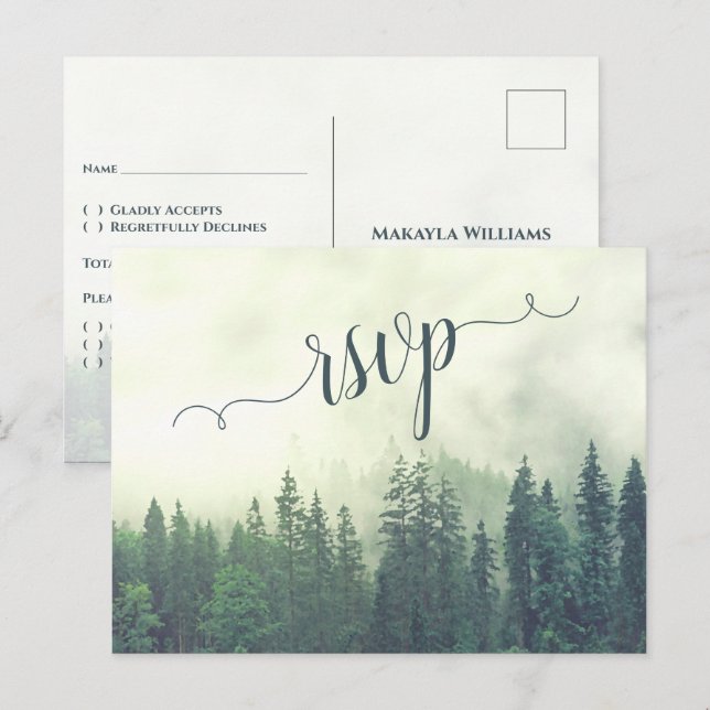 Carte Postale Misty Mountains Green Pine Forest Wedding RSVP (Devant / Derrière)