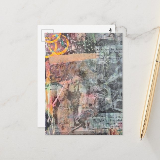 Carte Postale Mixed Media Retro Woodworking Collage (Devant/Arrière en situation)