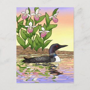 Carte Postale MN State Bird Flower Loon Lady Slipper