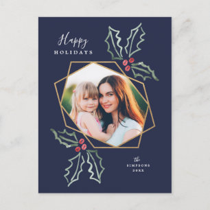 Carte Postale Mod Holly Gold Geo Photo Frame Navy   Holiday Card