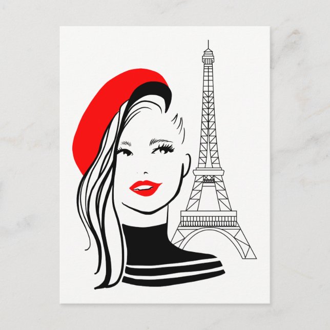 Carte Postale Mode illustration femme française au béret rouge (Devant)