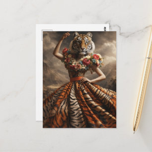 Carte Postale Mode Surréaliste Dame Tigre en Robe