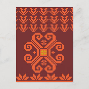 Carte Postale Modèle d'art populaire rouge et orange lituanien