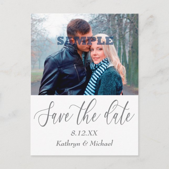 Carte Postale Modèle photo de script gris Enregistrer le Mariage (Devant)