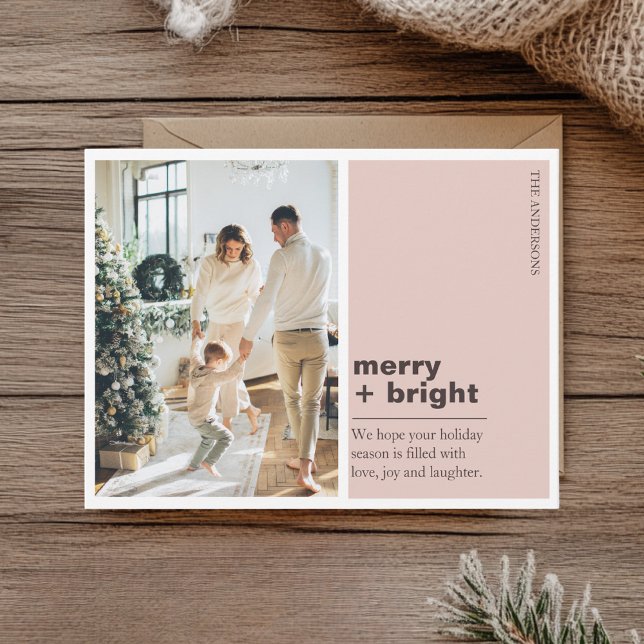 Carte Postale Modern Blush Pink Merry + Bright Christmas Photo  (Créateur téléchargé)