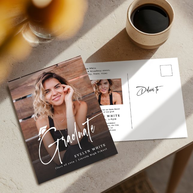 Carte Postale Modern Grad Cap Script Simple Photo Graduation (Modern Grad Cap Script Simple Photo Graduation Postcard)