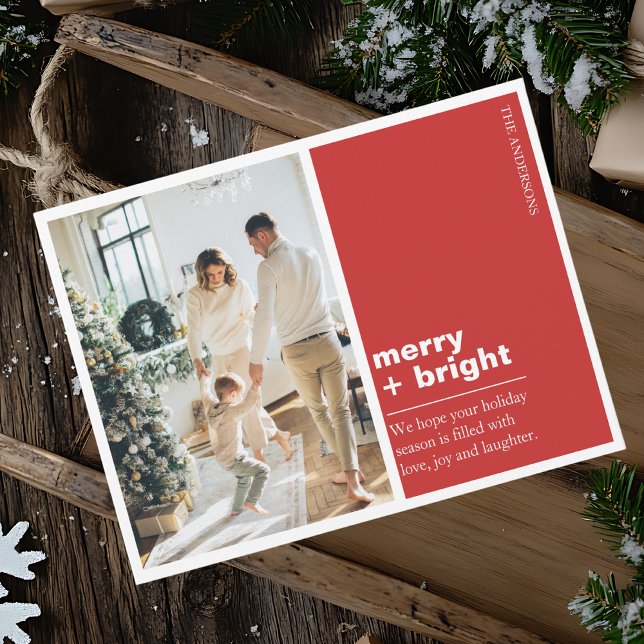 Carte Postale Modern Red Merry + Bright Christmas Photo (Créateur téléchargé)