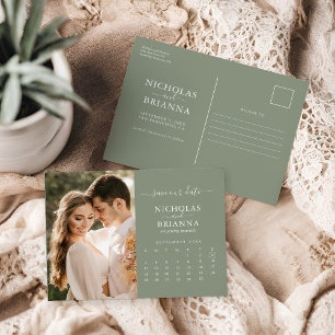 Carte Postale Modern Sage Green Enregistrer la date Calendrier p