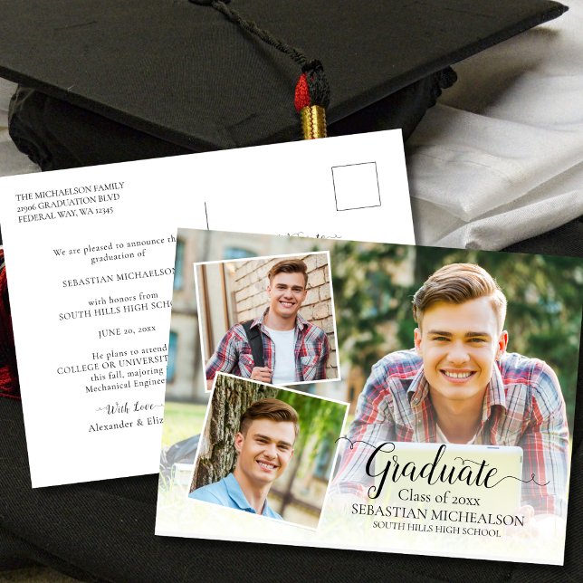 Carte Postale Moderne 3 Faire-part de diplôme photo (Modern 3 Photo Graduation Announcement Postcard)