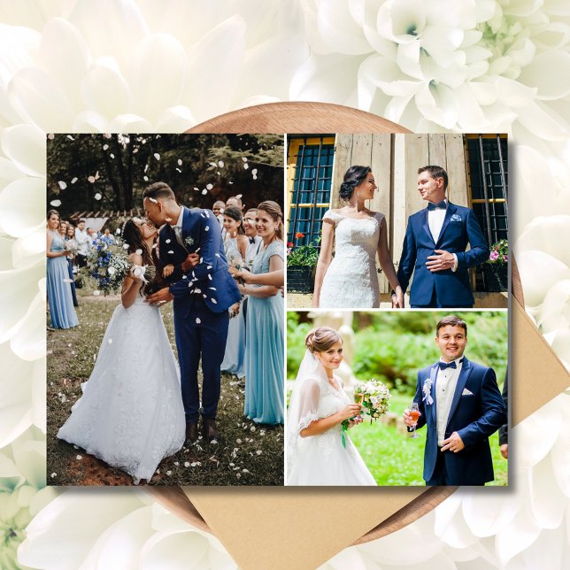 Carte Postale Moderne 3 Photo Collage Mariage Merci (Modern 3 Photo Collage Wedding Thank You Postcard)