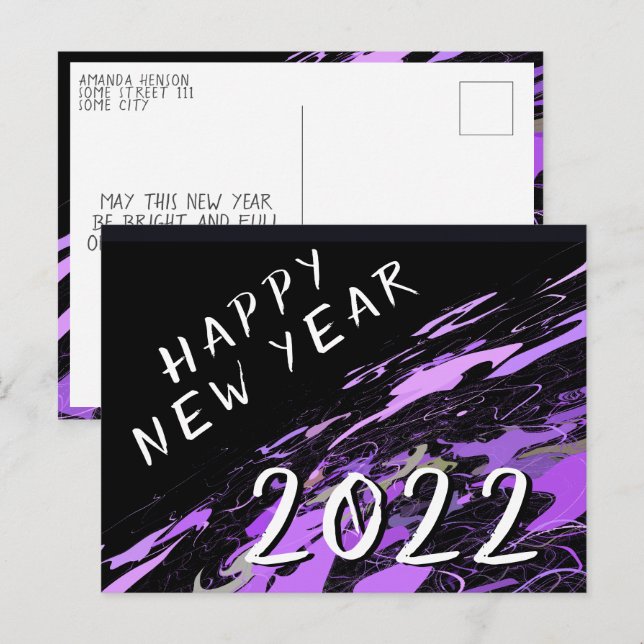 Carte Postale Moderne Abstrait Violet Noir Bonne Année 2022 (Devant / Derrière)