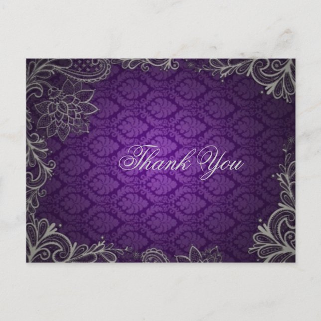 Carte Postale moderne élégant damask violet mariage merci (Devant)