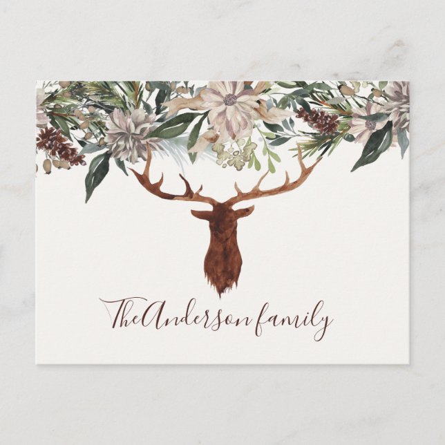 Carte Postale Moderne feuillage fleuri rustique vacances de cerf (Devant)