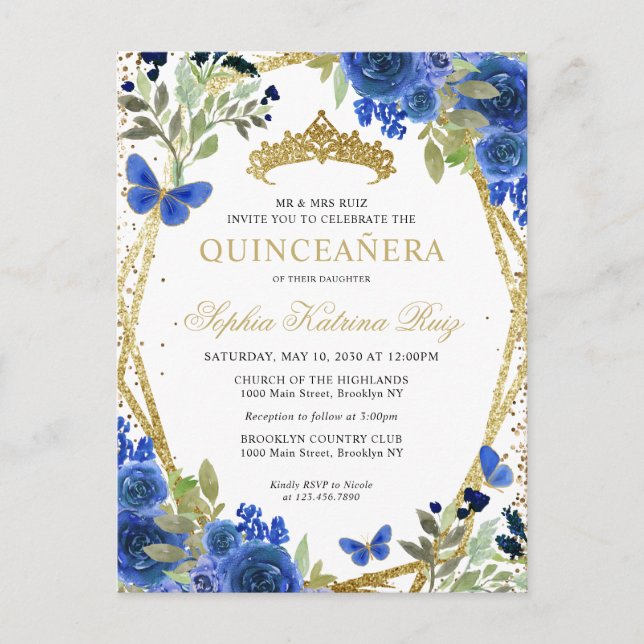Carte Postale Moderne Floral Marine Bleu Or Tiara Quinceañera (Devant)
