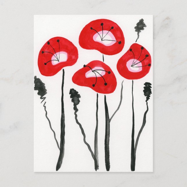 Carte postale moderne Red Poppies Watercolor Fower (Devant)