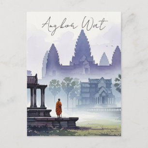 Carte Postale Moine à Angkor Wat Cambodge Aquarelle