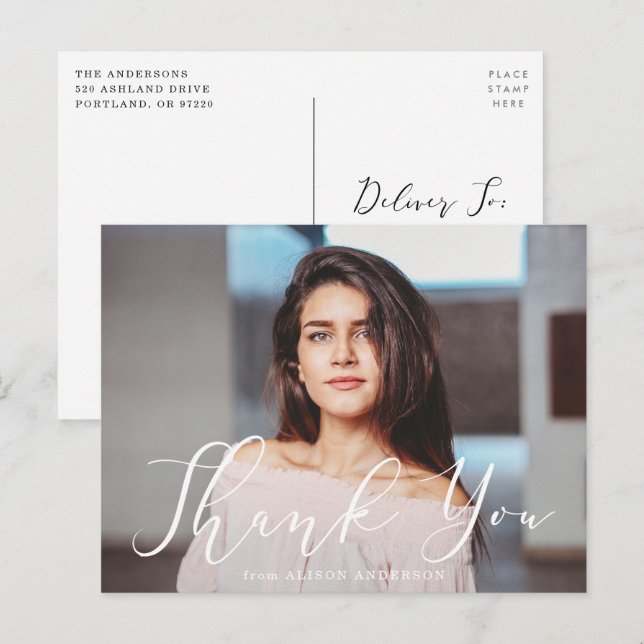 Carte Postale Moment White Script photo Merci de graduation (Devant / Derrière)