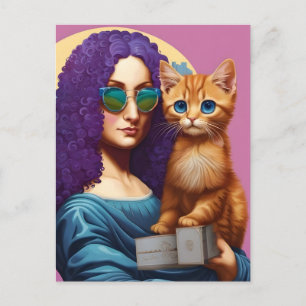 Carte Postale Mona aux cheveux violets et son chat roux