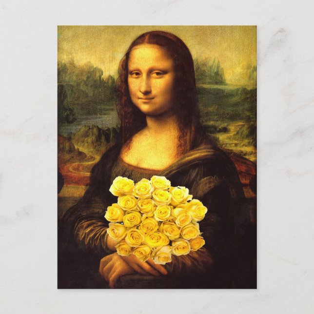 Carte Postale Mona Lisa Avec Bouquet De Roses Jaunes (Devant)
