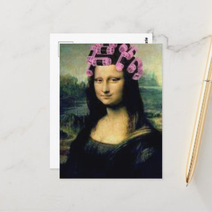 Carte Postale Mona Lisa avec rouleaux à cheveux roses Leonardo d