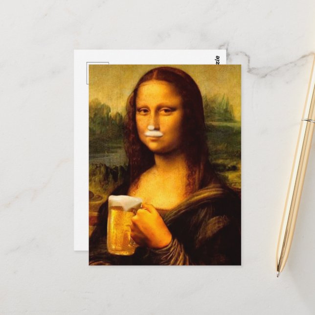 Carte Postale Mona Lisa buvant de la bière Amateurs de bière (Devant/Arrière en situation)
