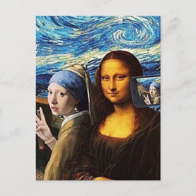 Carte Postale Mona Lisa et une fille en selfie (Devant)