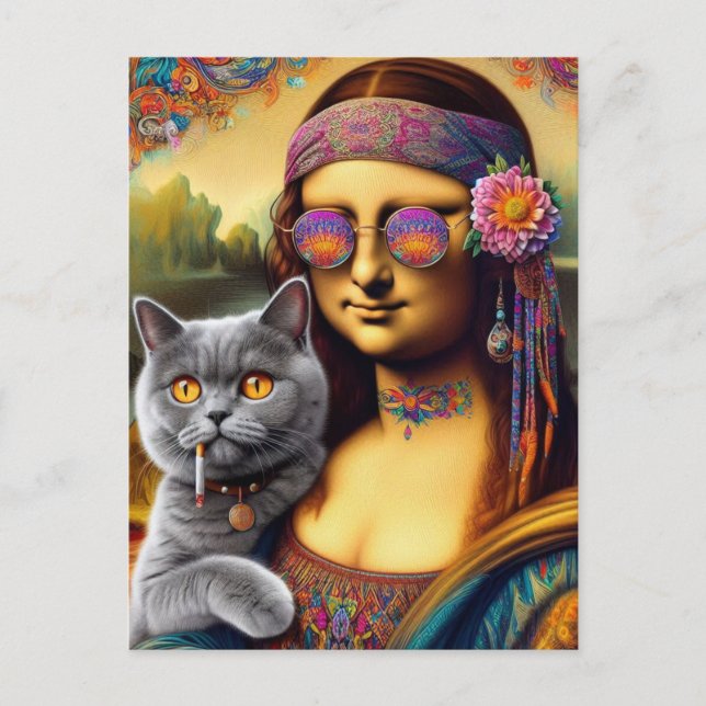 Carte Postale Mona Lisa Hippie Fumer Gray Chat (Devant)