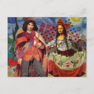 Carte Postale Mona Lisa Romantique Drôle Coloré Travail d'art