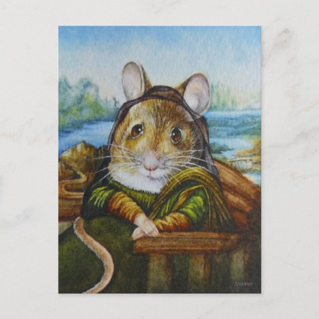 Carte Postale Mona Lisa Souris Parodie Aquarelle Art (Devant)