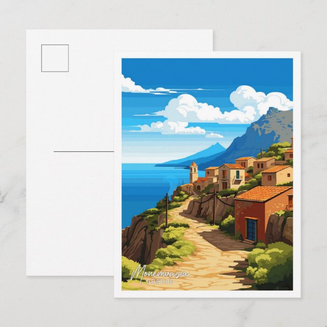 Carte Postale Monemvasia Grèce Voyage Vintage Illustration (Devant / Derrière)