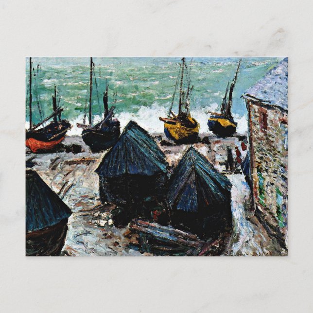 Carte Postale Monet - Bateaux sur la plage à Etretat (Devant)
