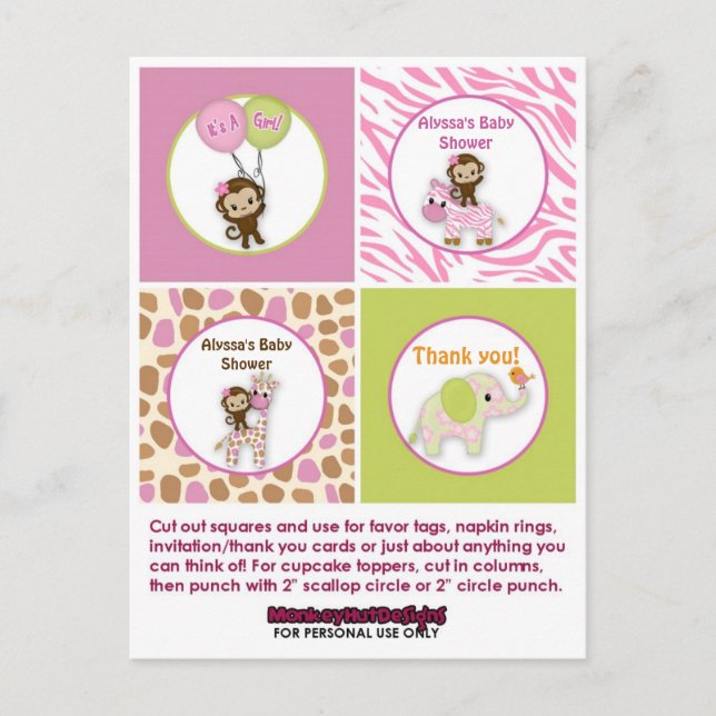 Carte Postale MONKEY Girl Jungle Baby shower Cupcake Topper JJ (Devant)