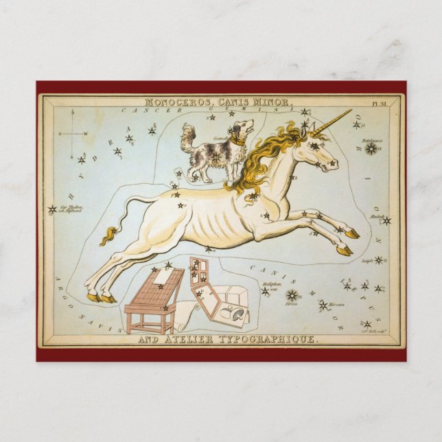 Carte Postale Monoceros, Canis Minor et Atelier Typographique (Devant)