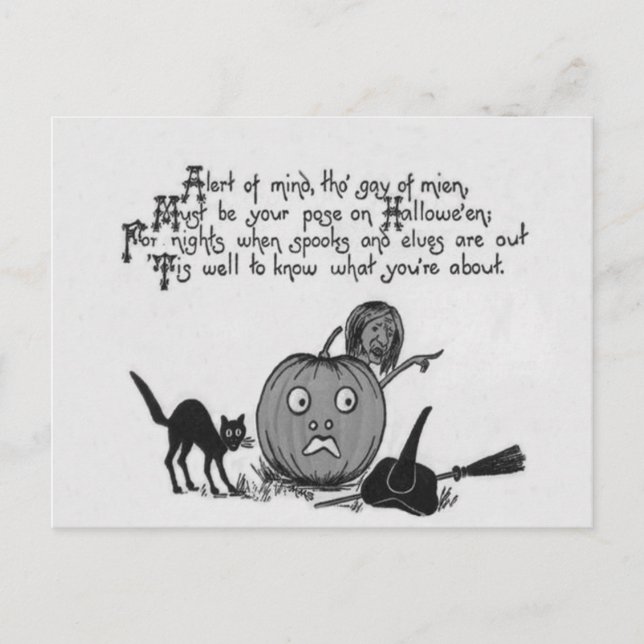 Carte Postale Monochrome sorcier noir Chat Jack-o'-lantern poème (Devant)