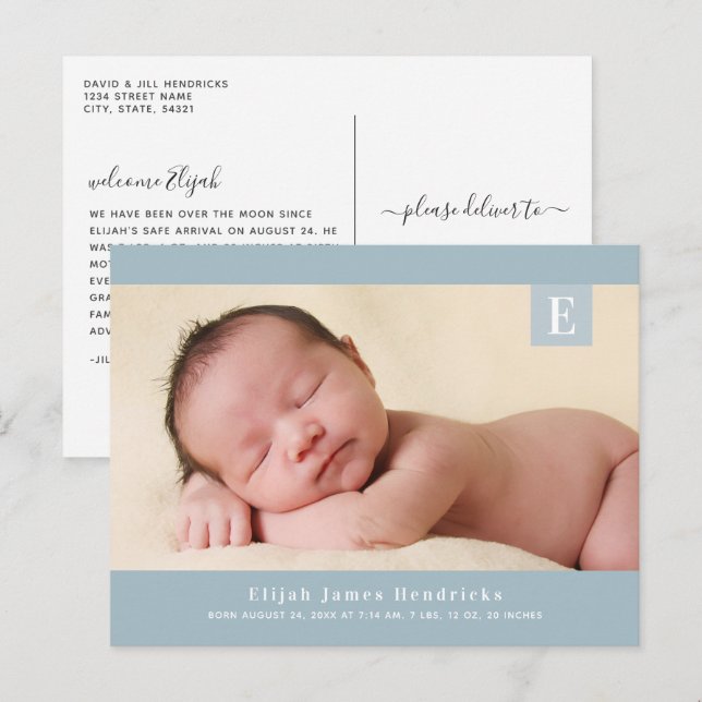 Carte Postale Monogramme bleu Baby Boy Photo Faire-part de naiss (Devant / Derrière)