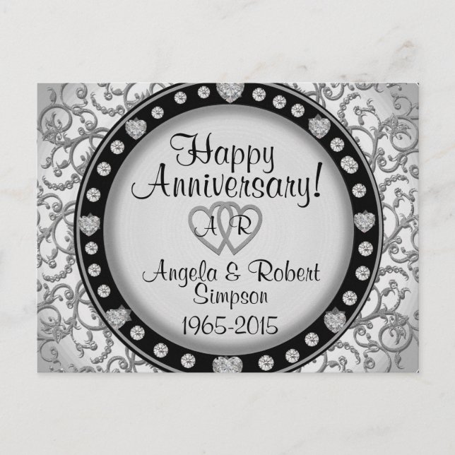 Carte Postale Monogramme Cœur d'Argent | Invitation d'anniversai (Devant)