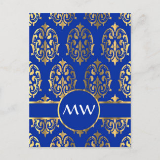 Carte Postale monogramme d'argent et de bleu royal damassé