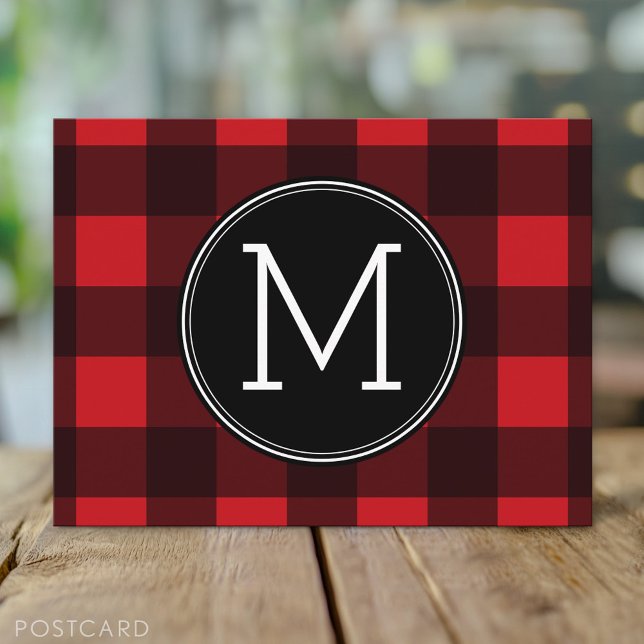 Carte Postale Monogramme de Motif de Buffle Noir Rouge Rustique (Custom Personalized Photo Collage Postcard)