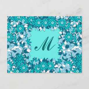 Carte Postale Monogramme encadré de fleurs - bleu et blanc