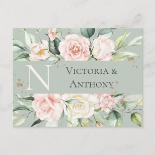 Carte Postale Monogramme Floral Rose Aquarelle Économisez la Dat