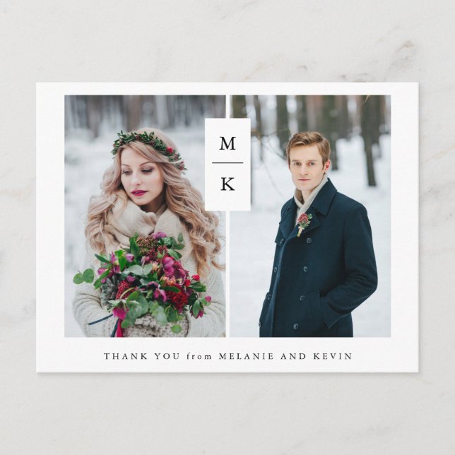 Carte Postale Monogramme moderne | Deux Mariage photo Merci (Devant)