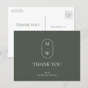 Carte Postale Monogramme Moss Mariage vert minimaliste Merci