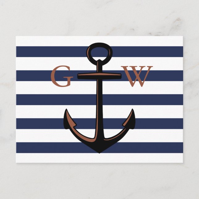 Carte Postale Monogramme personnalisé Ancre et ligne nautique (Devant)