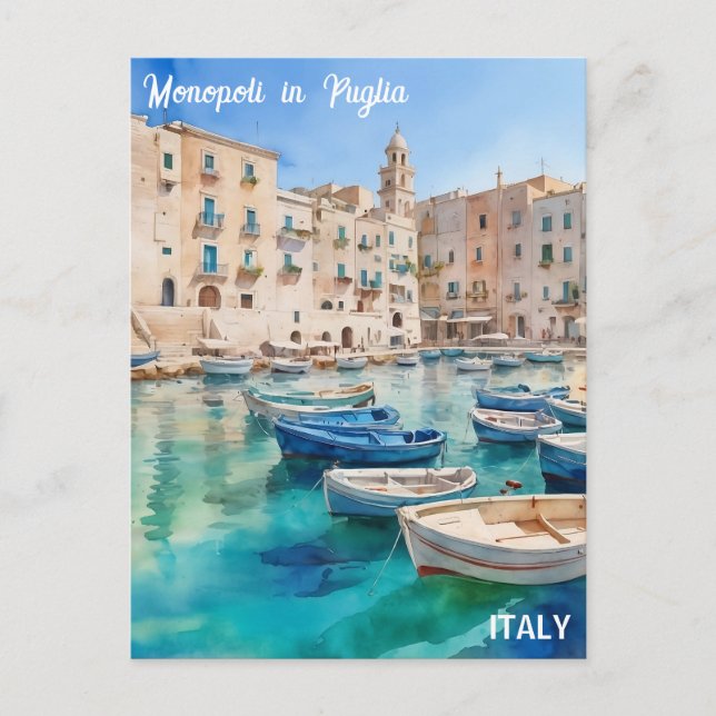 Carte Postale Monopoli d'aquarelle sur la côte des Pouilles d'It (Devant)