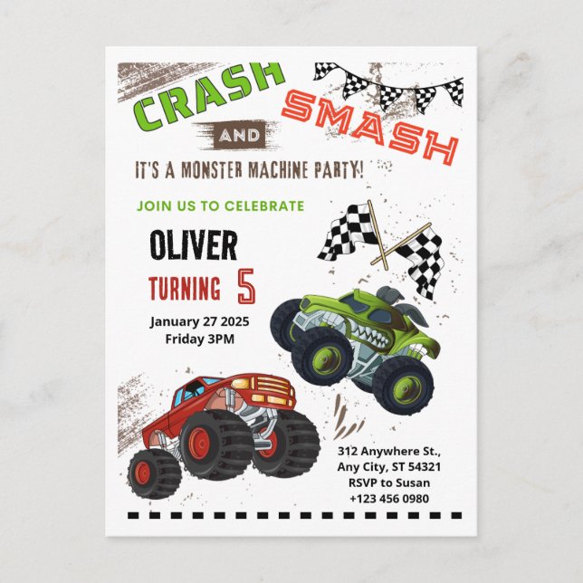 Carte postale Monster Car Truck Kid Anniversaire (Devant)