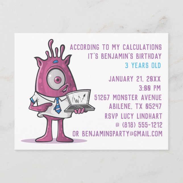 Carte postale Monster Invitation de fête d'anniver (Devant)