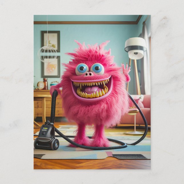 Carte Postale Monstre de nettoyage heureux avec son aspirateur (Devant)